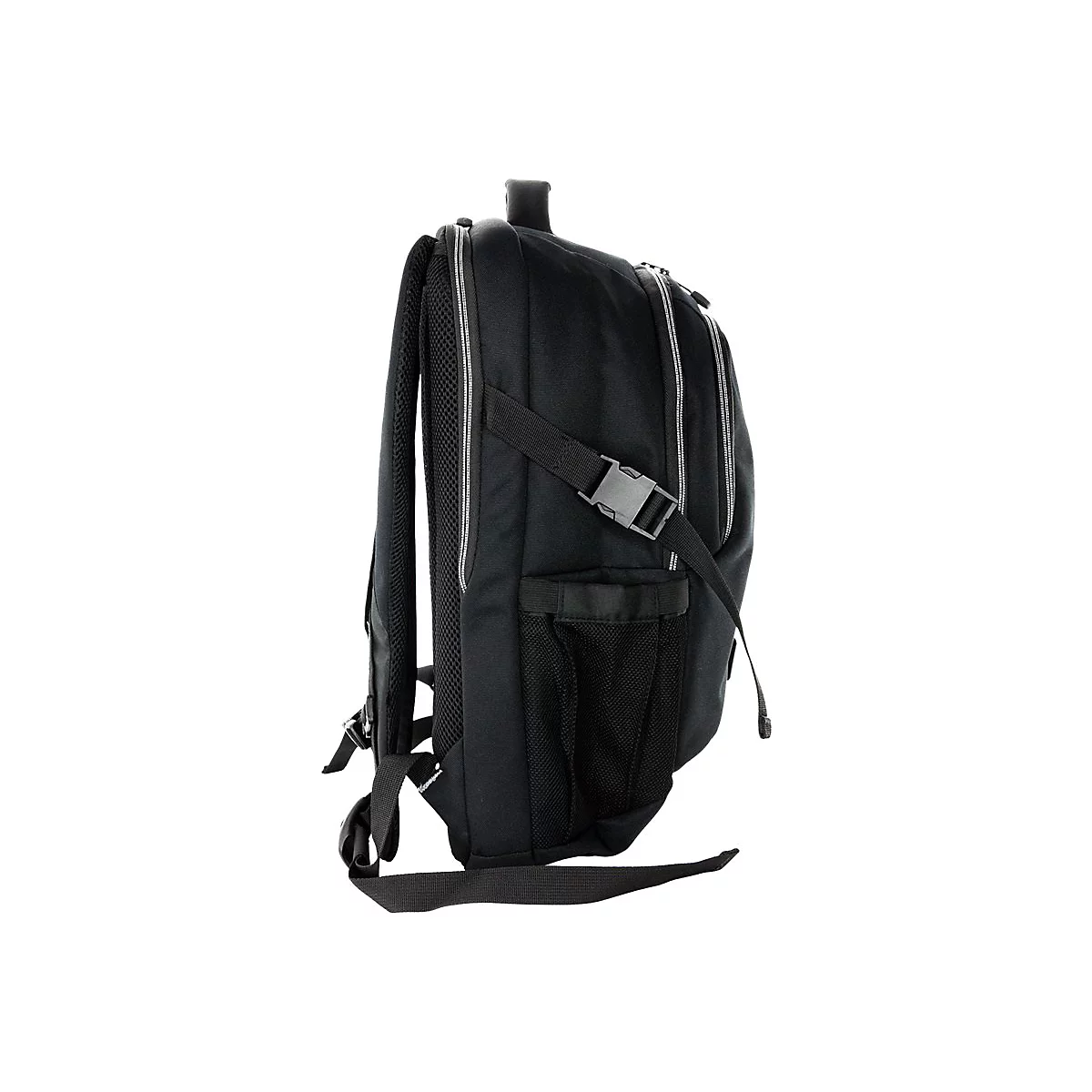 Schwarzer Rucksack im Profil mit silbernen ReiÃŸverschlÃ¼ssen und Schnallen.