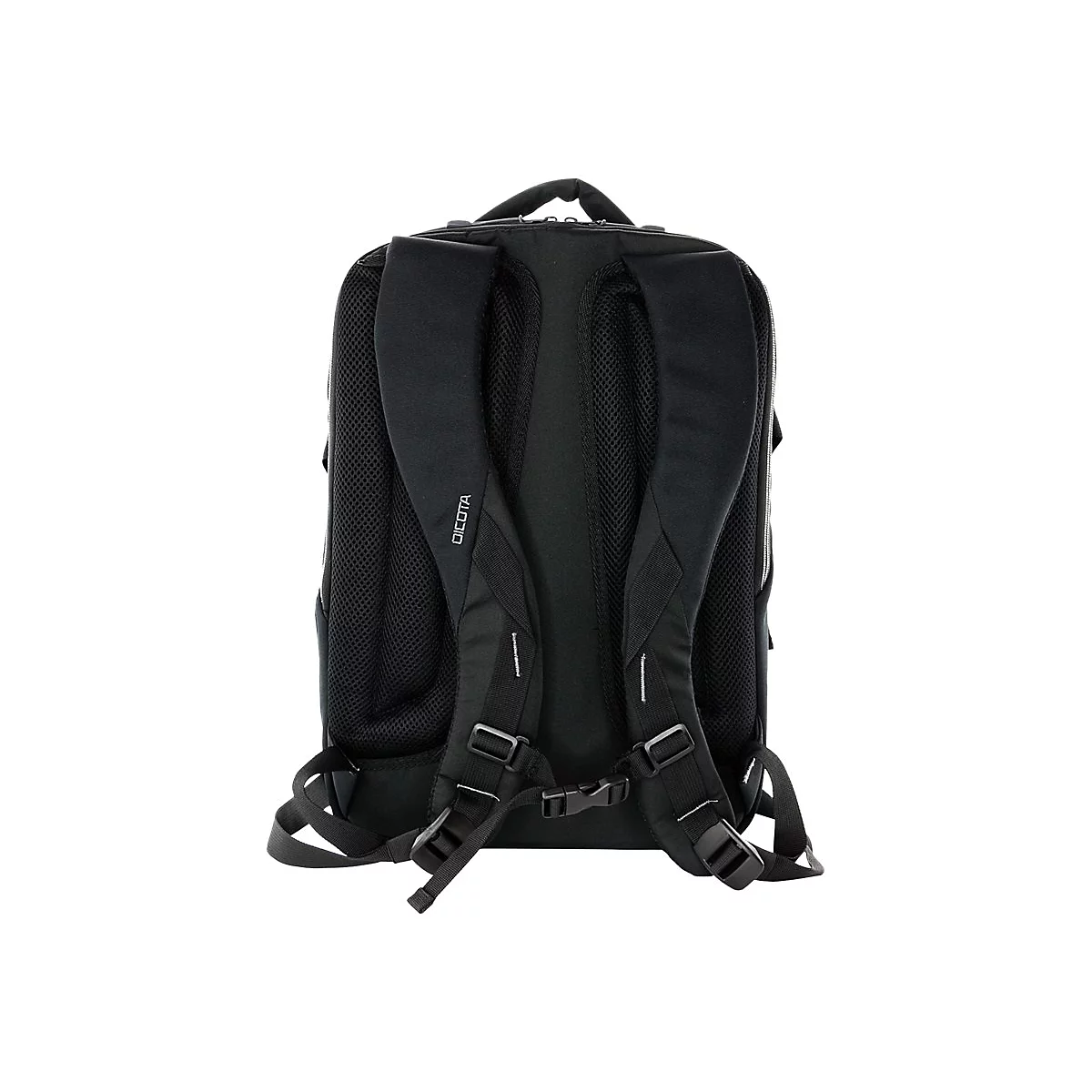 Schwarzer Rucksack von hinten, mit gepolsterten Schultergurten und Tragegriff.