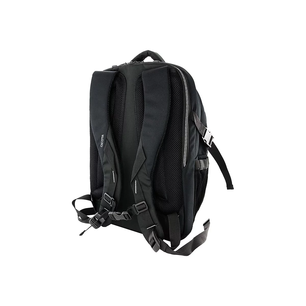 Schwarzer Rucksack von hinten, mit verstellbaren Gurten und Schnallen. Seitlich ein Netzfach.