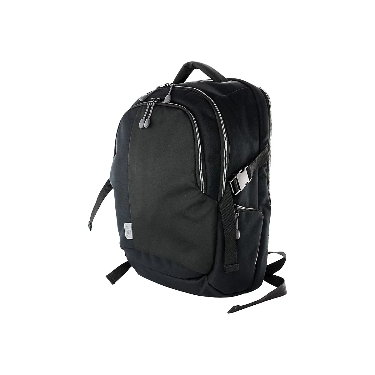Schwarzer Rucksack, Seitenansicht, Schultergurte und Tragegriff.