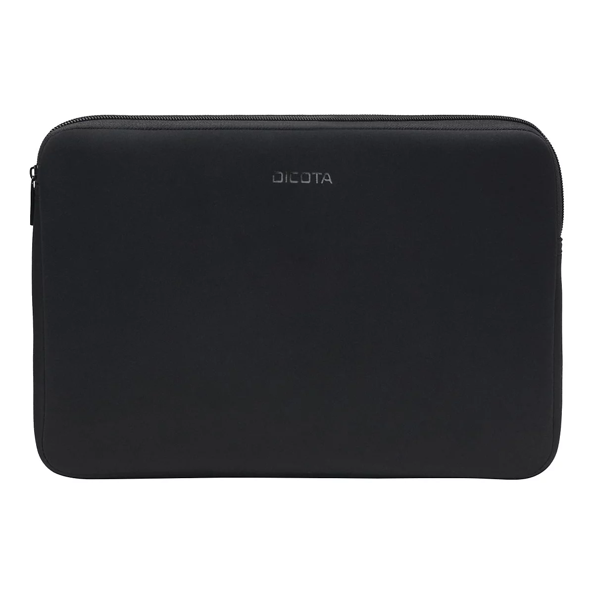 Schwarze Laptoptasche mit Reißverschluss. Oben links steht der Schriftzug "DICOTA".