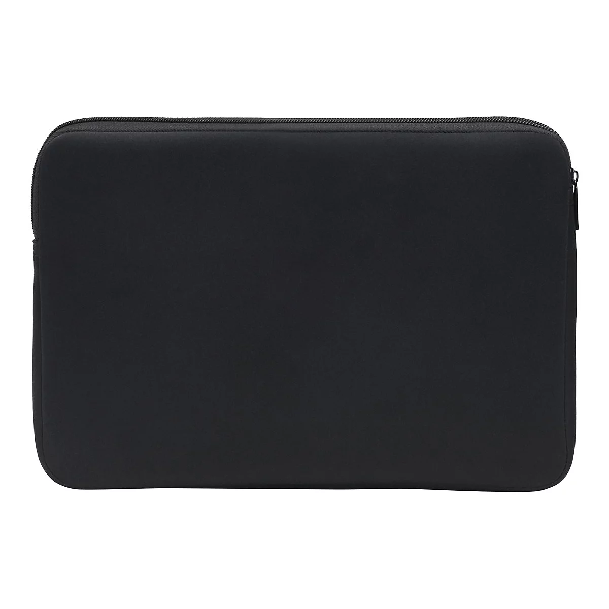 Schwarze Laptoptasche mit Reißverschluss. Rechteckige Form, abgerundete Ecken, glatte Oberfläche.