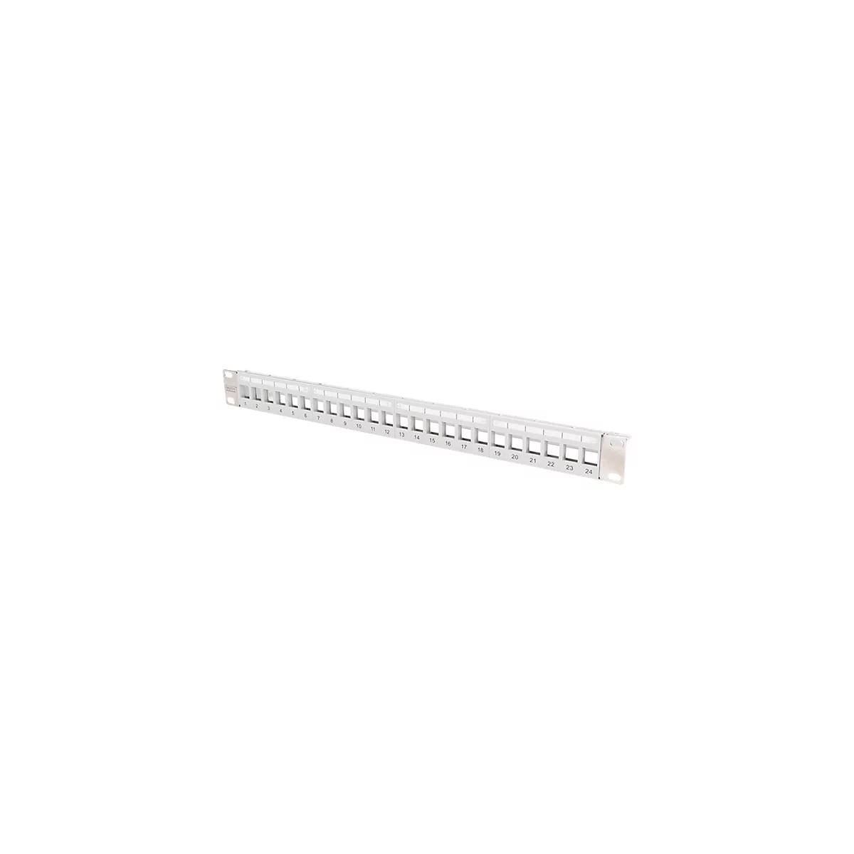 WeiÃŸe Patchpanel-Blende mit 24 nummerierten AnschlÃ¼ssen vor weiÃŸem Hintergrund.
