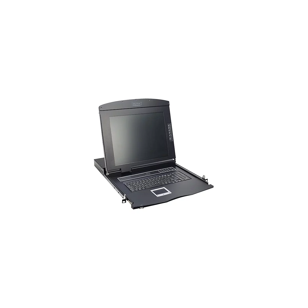 Schwarzes Rack mit Bildschirm, Tastatur und Touchpad.