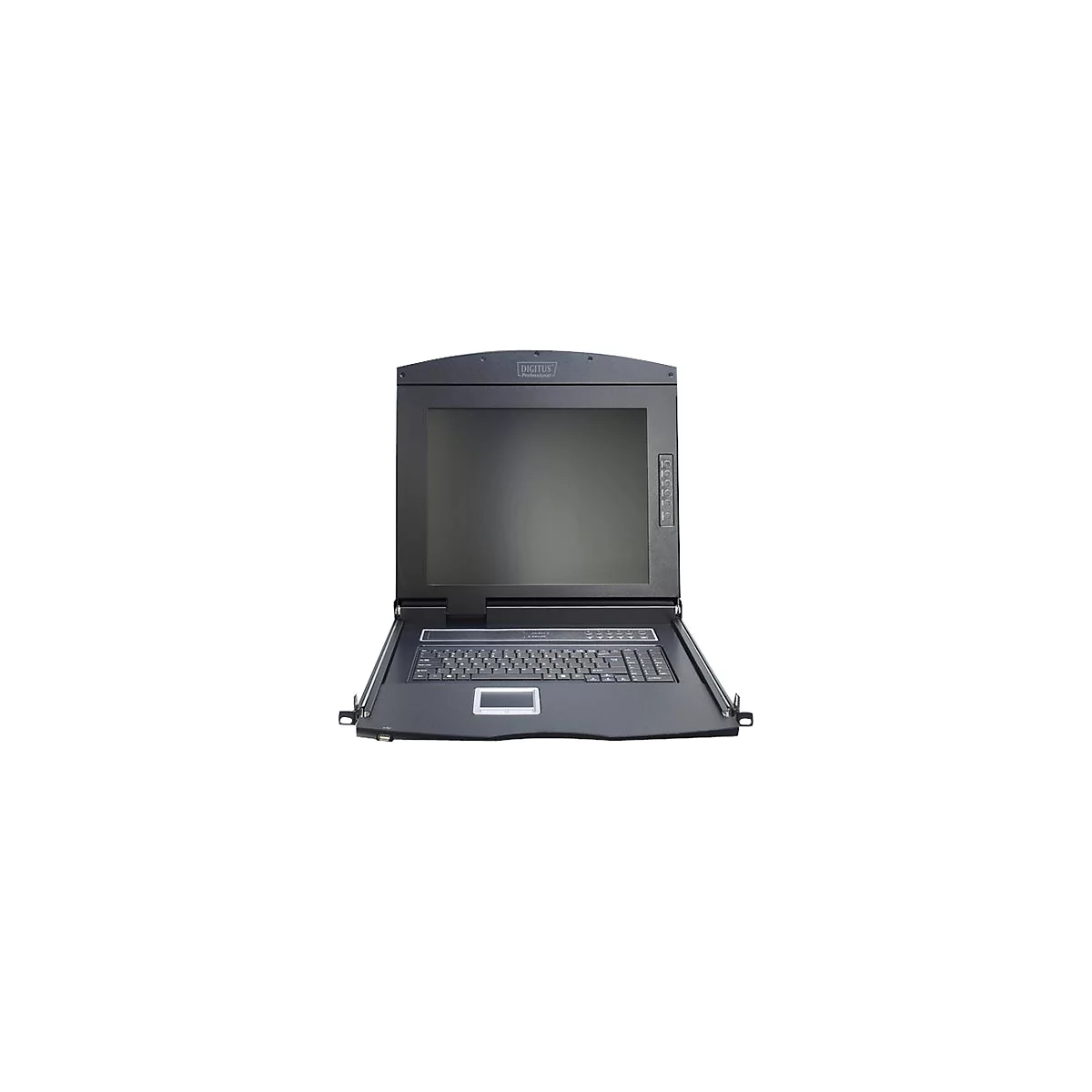 Schwarzer, ausziehbarer Monitor mit Tastatur und Touchpad. Oben ist der Markenname Digitus zu sehen.