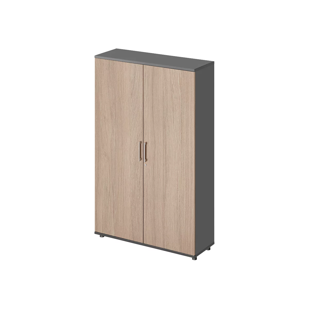  Draaideurkast TETRIS WOOD – B 1200 x D 421 x H 1910 mm (hoogte inclusief glijders) – 5 OH - grafiet en eiken decor – ons merk Schäfer Shop Genius