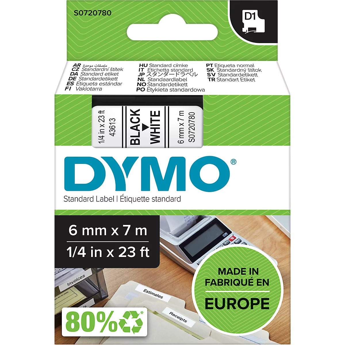  DYMO® Cassette de ruban D1 43613, largeur 6 mm, blanc/noir