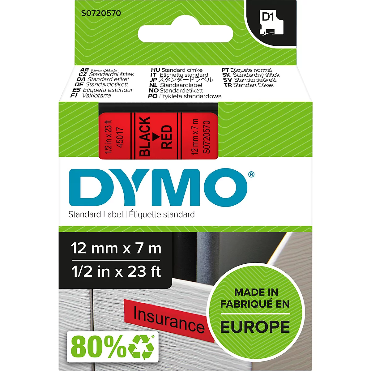  DYMO® Cassette de ruban D1 45017, largeur 12 mm, rouge/noir