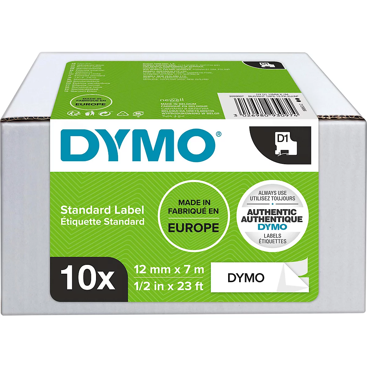  DYMO® Schriftband-Sparset 45013, Typ D1, 7 m x 12 mm, UV-beständig, reißfest, schwarz/weiß, 10 Stück