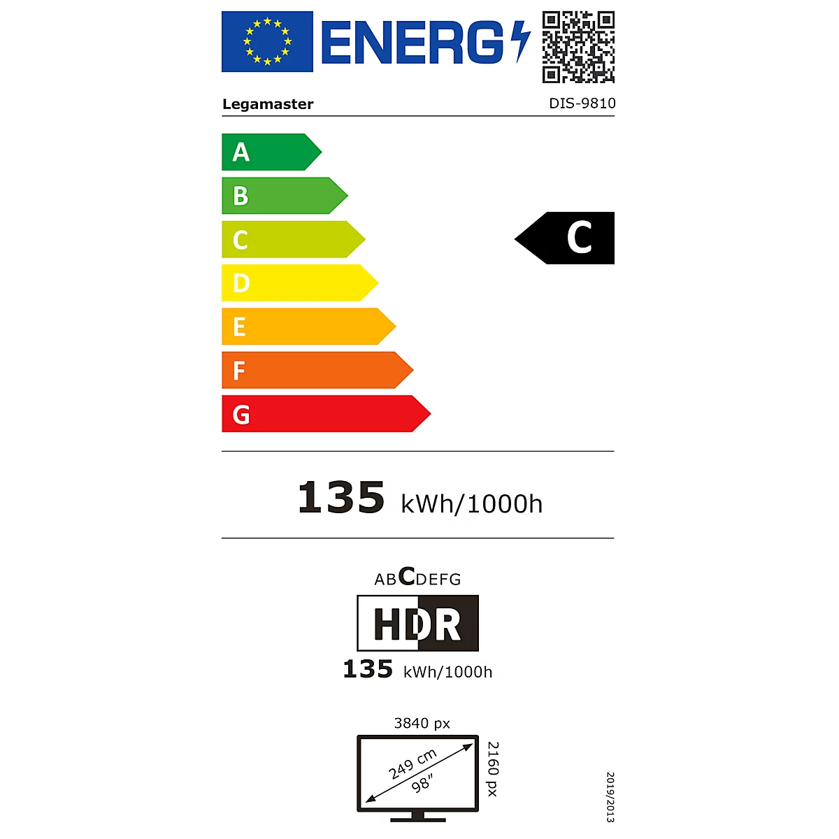  Écran de présentation Legamaster Discover 2 DIS-9810 EU, 98', 4K-UHD, 3840 x 2160 px, 1200:1, HDMI, USB, noir