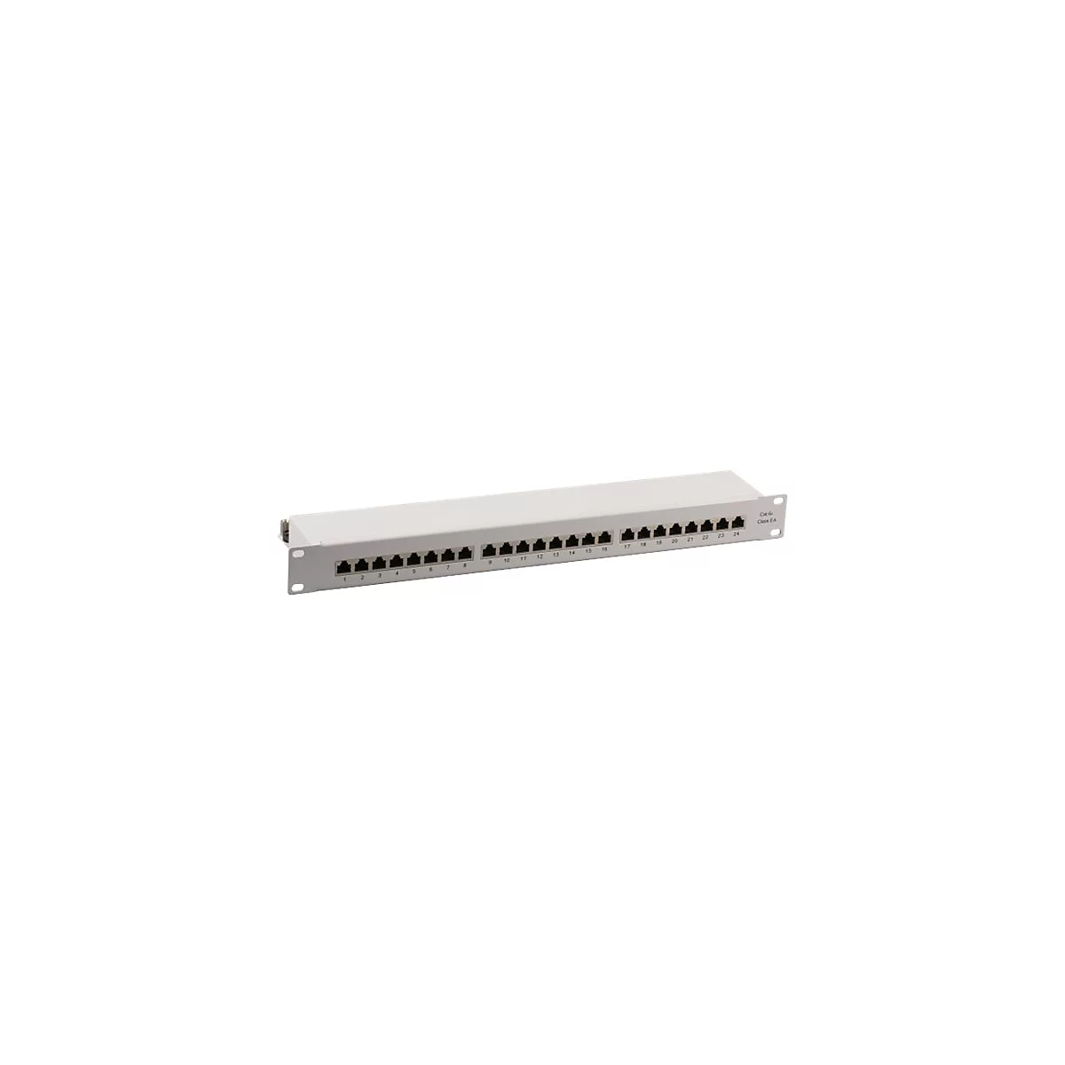 Ein weiÃŸes Patchpanel mit 24 AnschlÃ¼ssen, nummeriert von 1 bis 24.