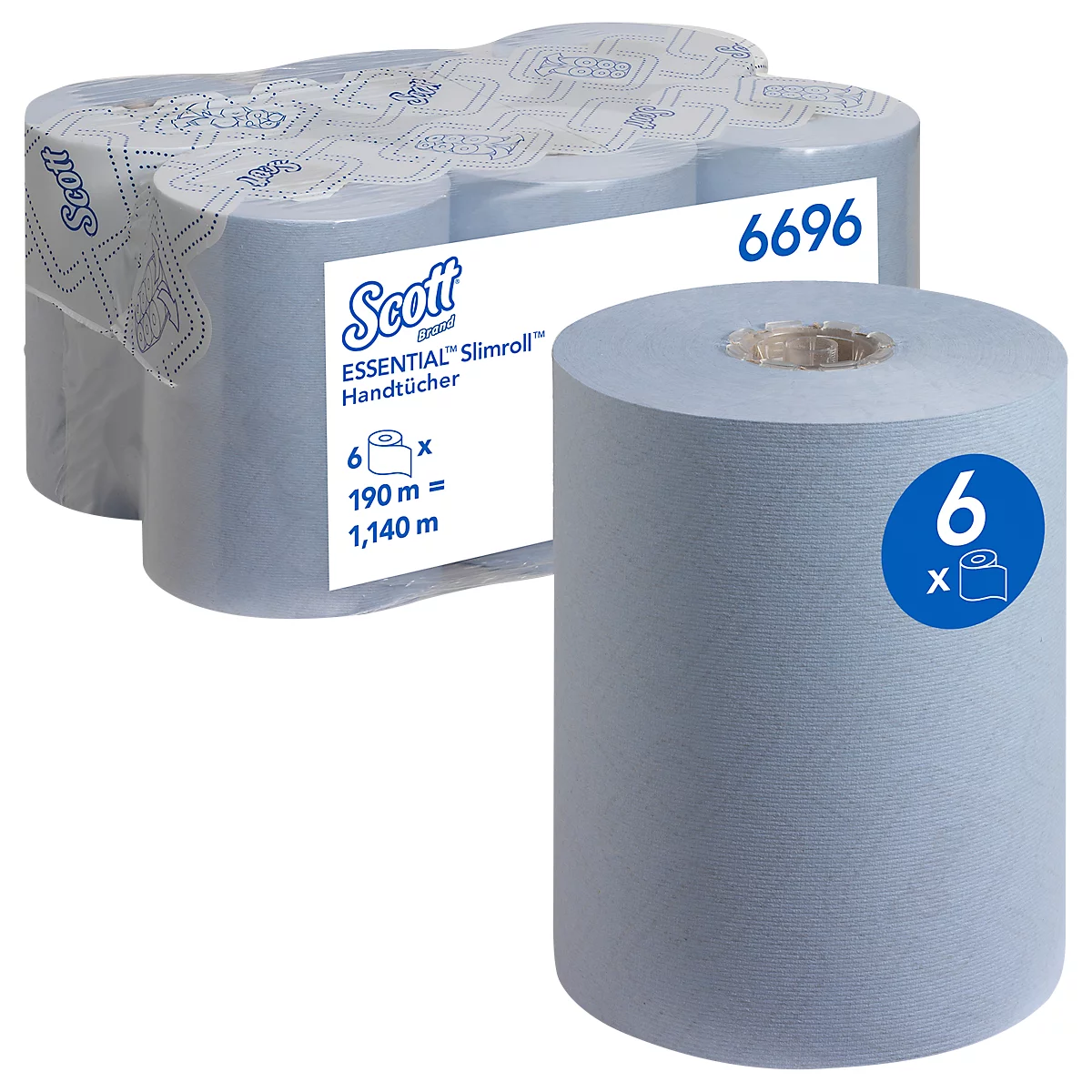 Rouleaux de papier essuie-mains bleus. À gauche, un paquet de 6 rouleaux, à droite, un seul rouleau. Inscription : Scott ESSENTIAL Slimroll.