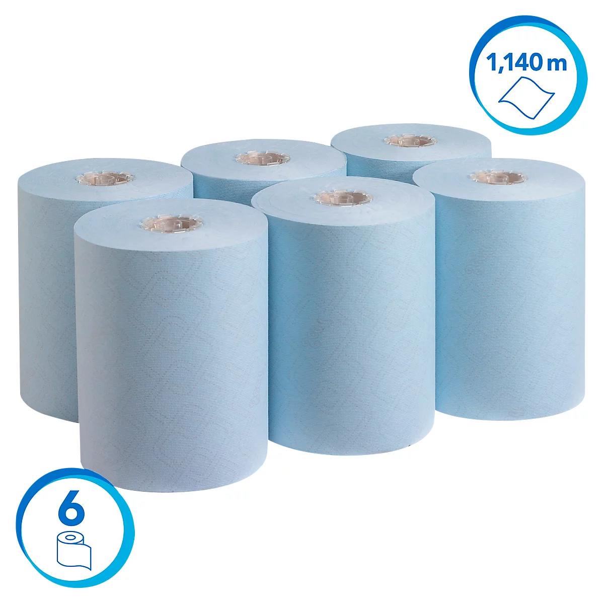 Six rouleaux de chiffons de nettoyage bleu clair. Deux cercles bleus avec info : 6 rouleaux et 1 140 m. Fond neutre.