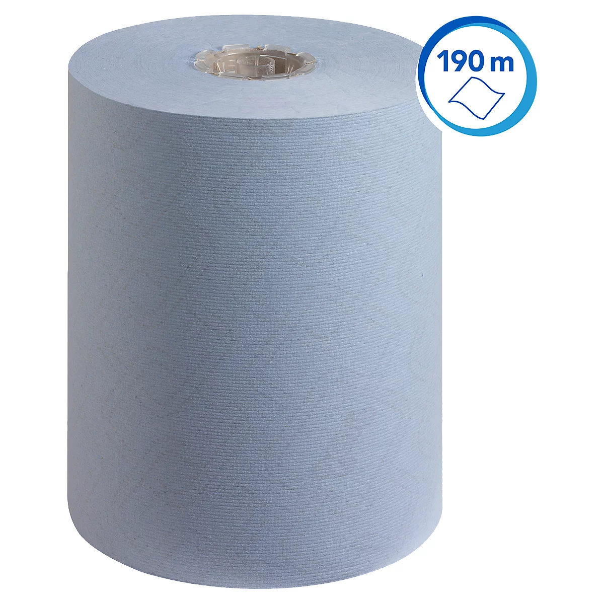 Rouleau d'essuie-tout bleu. Autocollant avec l'inscription 190m.