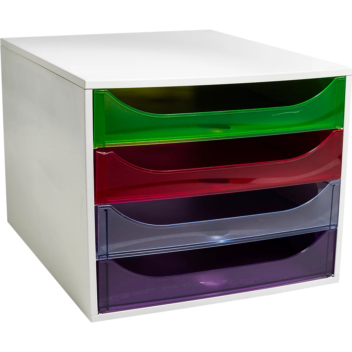 Witte ladekast met vier half-transparante, gekleurde lades in groen, rood, blauw en violet.