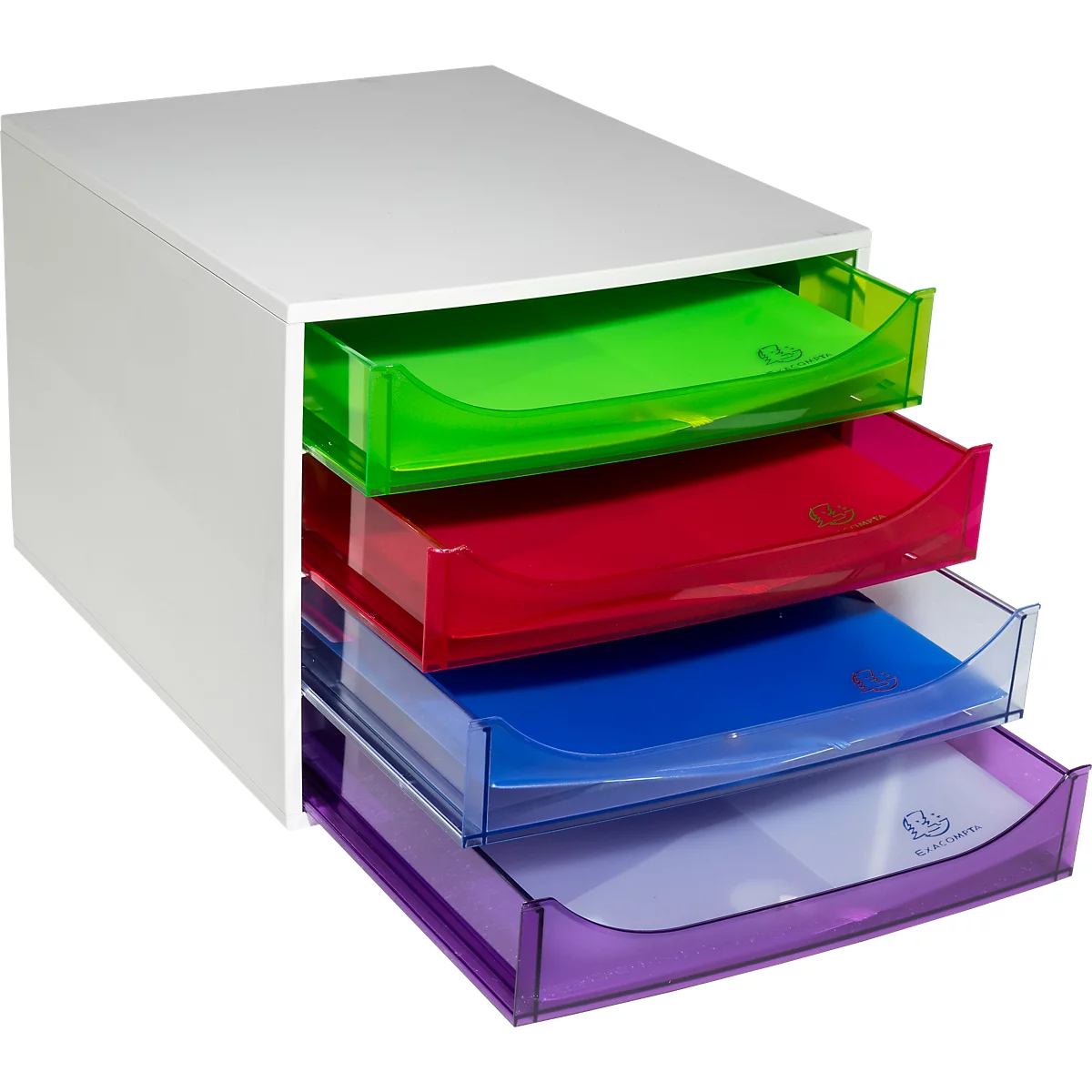 Witte kunststof ladekast met vier kleurrijke, transparante lades in groen, rood, blauw en paars.