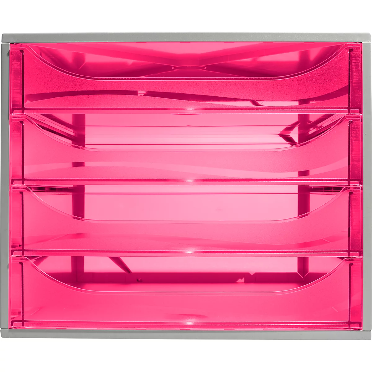 Een roze, doorzichtig brievenbaksysteem met vier vakken in een grijs metalen frame.