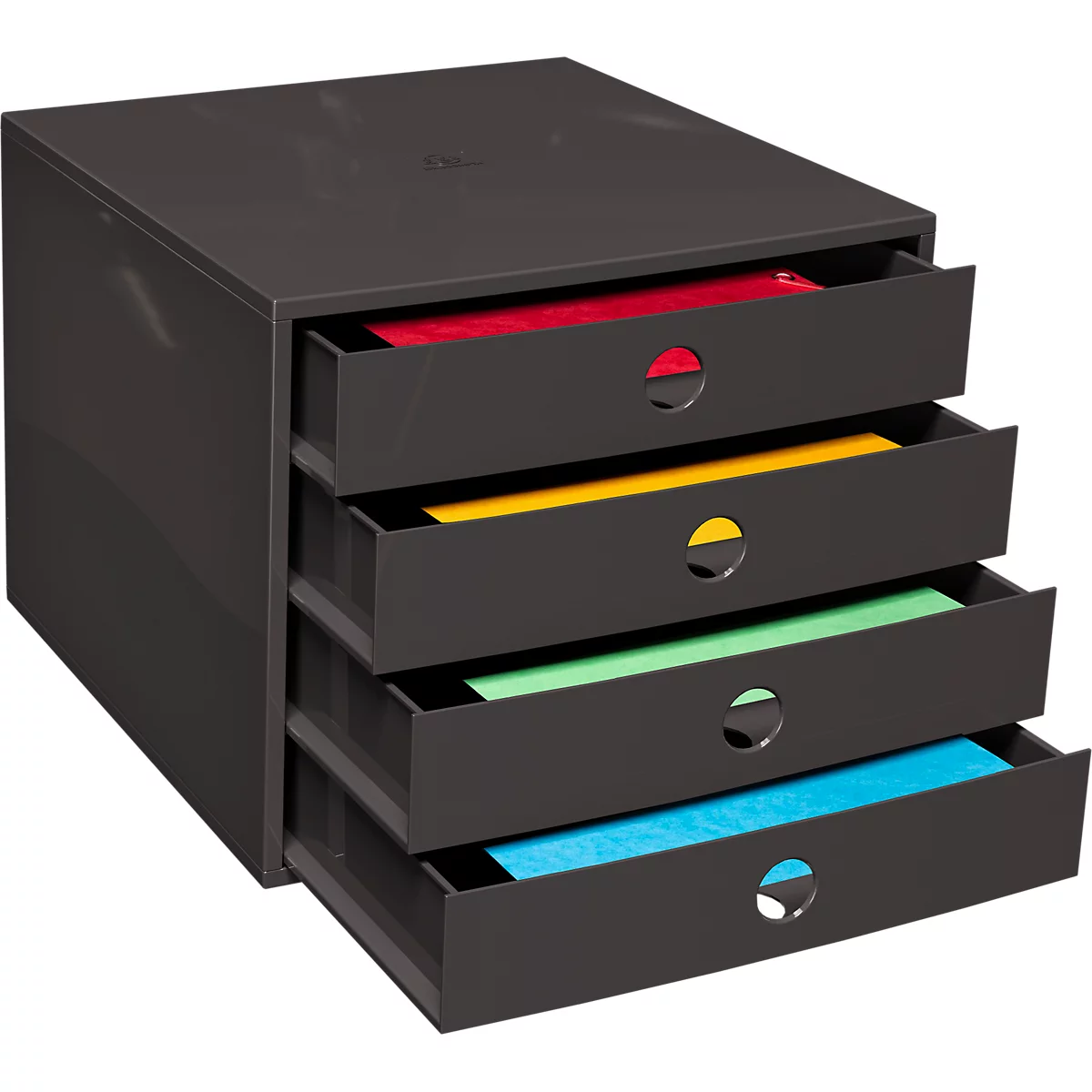 Caisson de tiroirs noir avec quatre niveaux colorés : rouge, jaune, vert et bleu, sur fond blanc.