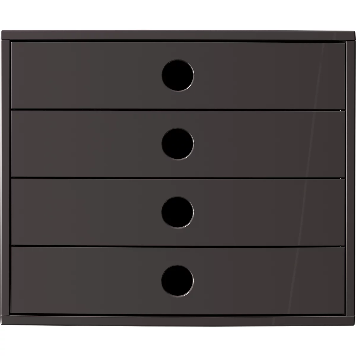 Donkergrijze ladekast met vier identieke laden en cirkelvormige verzonken handgrepen.