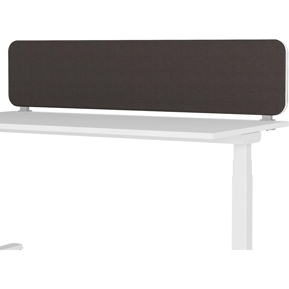 Desk with gray fabric divider, white tabletop and white frame. The fabric has a slight texture.