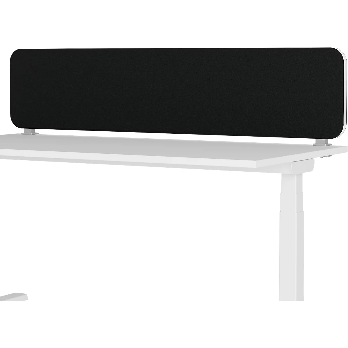 Desk with black screen. White desk, white legs.