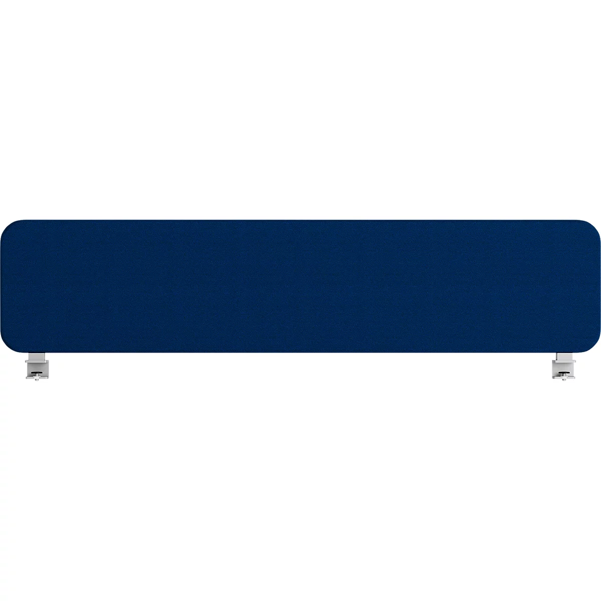 Rectangular dark blue object with rounded corners, with small silver feet.