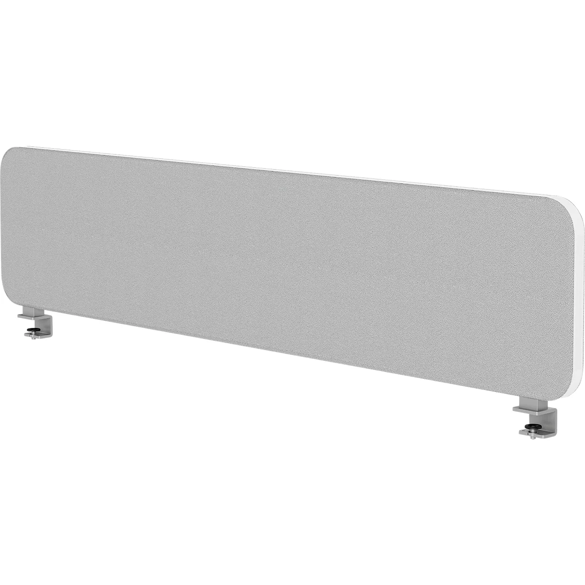 Grey desk partition, rectangular with rounded corners, attached to two silver clamps.