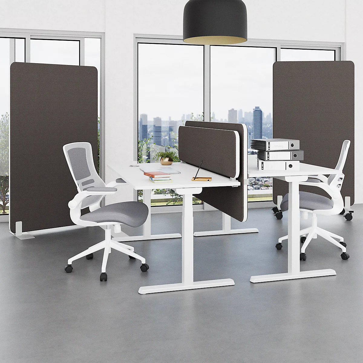Office space with white desks, partitions, and chairs. Windows with city views, lamps.