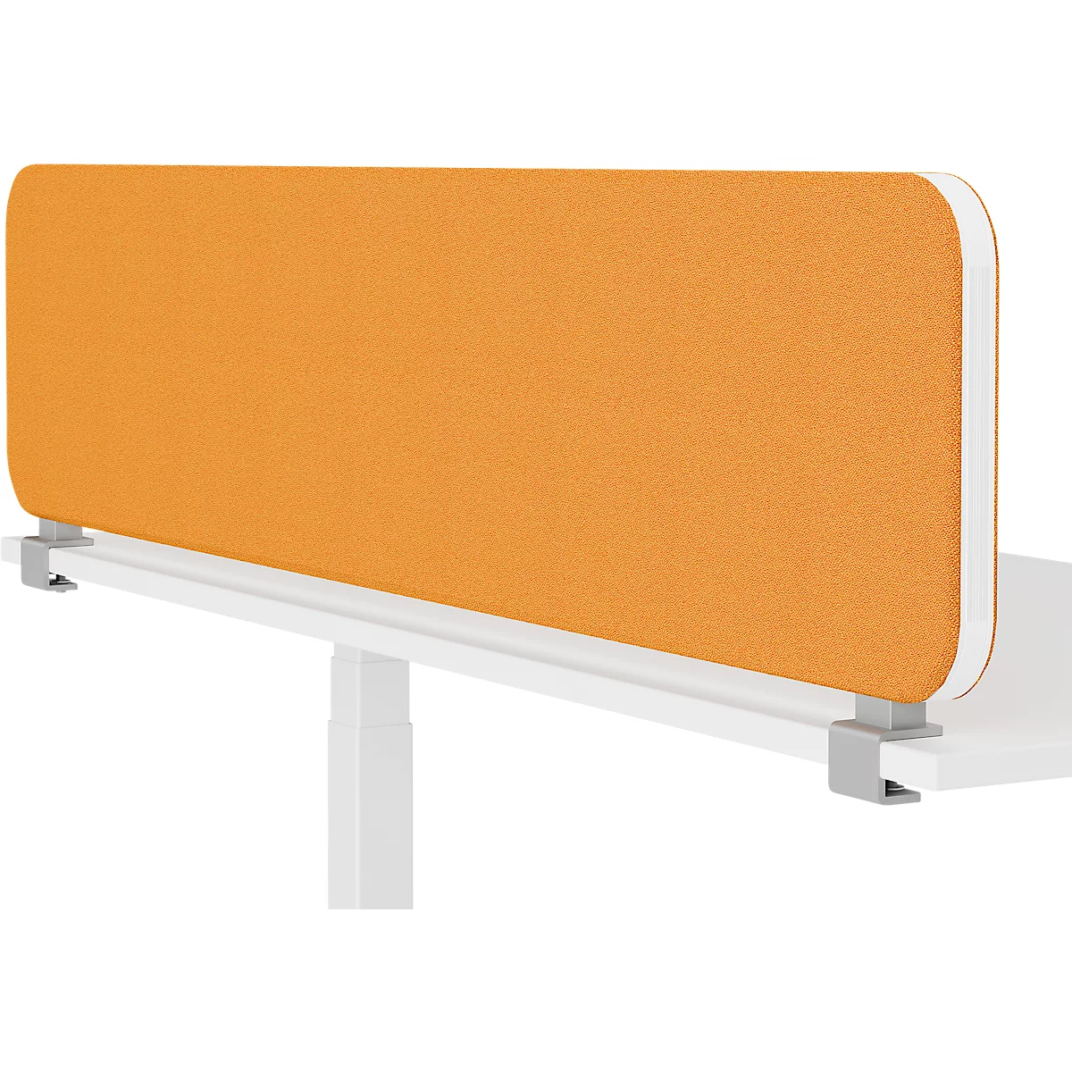 Oranje bureauscherm met wit frame, bevestigd aan een witte tafel.