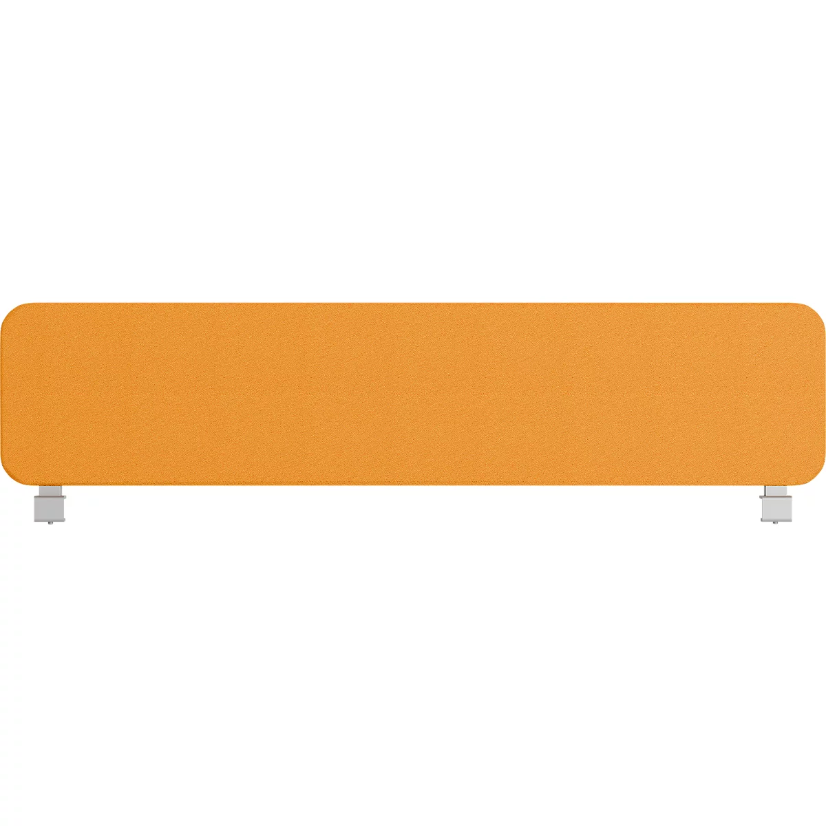 Een oranje, rechthoekige ruimteverdeler met afgeronde hoeken, staand op twee zilverkleurige poten.