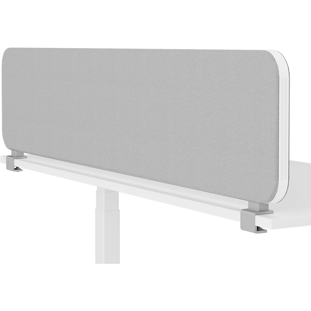 Grijze rechthoekige bureauafscheiding met witte lijst, bevestigd aan tafel.