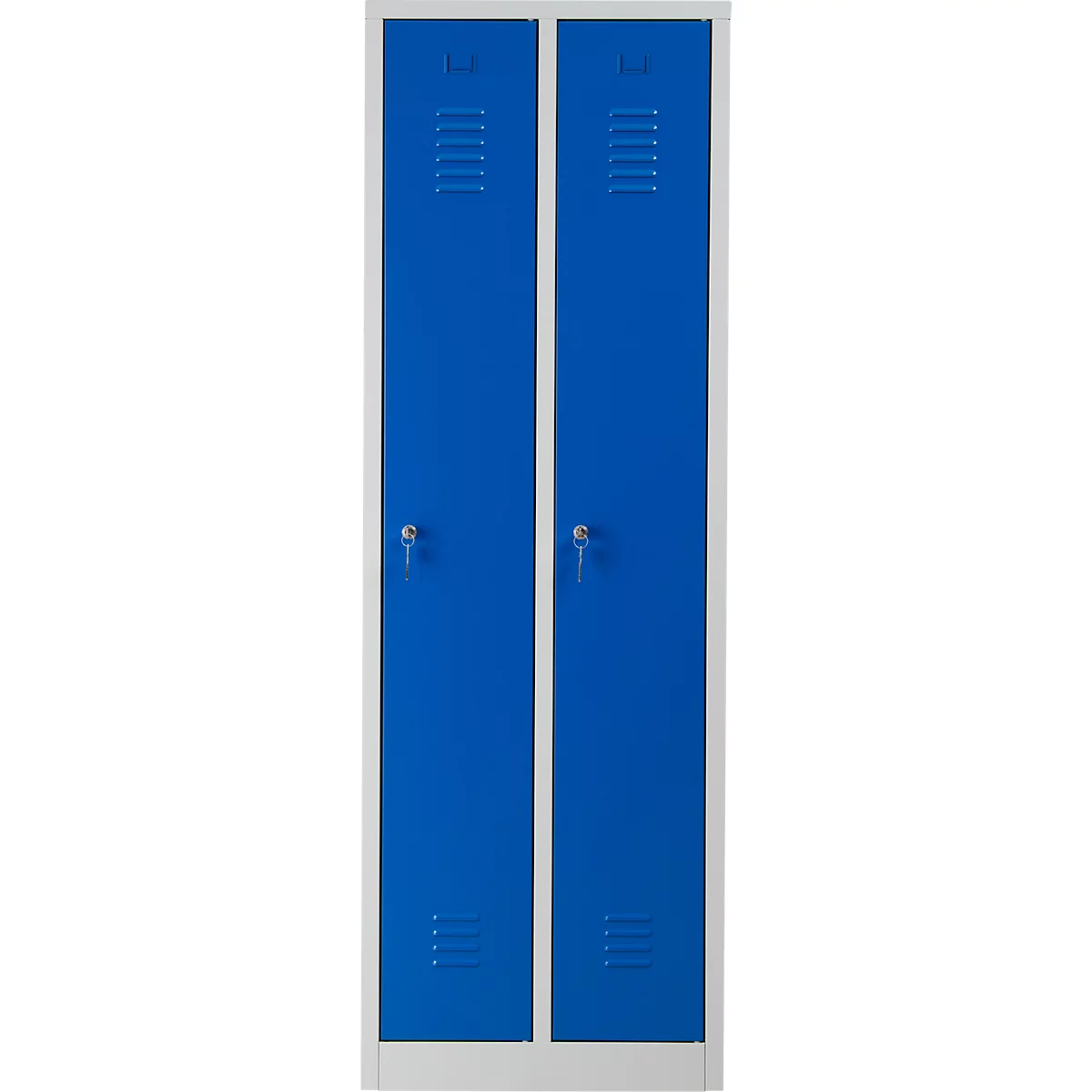 Twee blauwe kluisjes tegen een lichte achtergrond. Elke kluis heeft een sleutelgat en ventilatiesleuven.