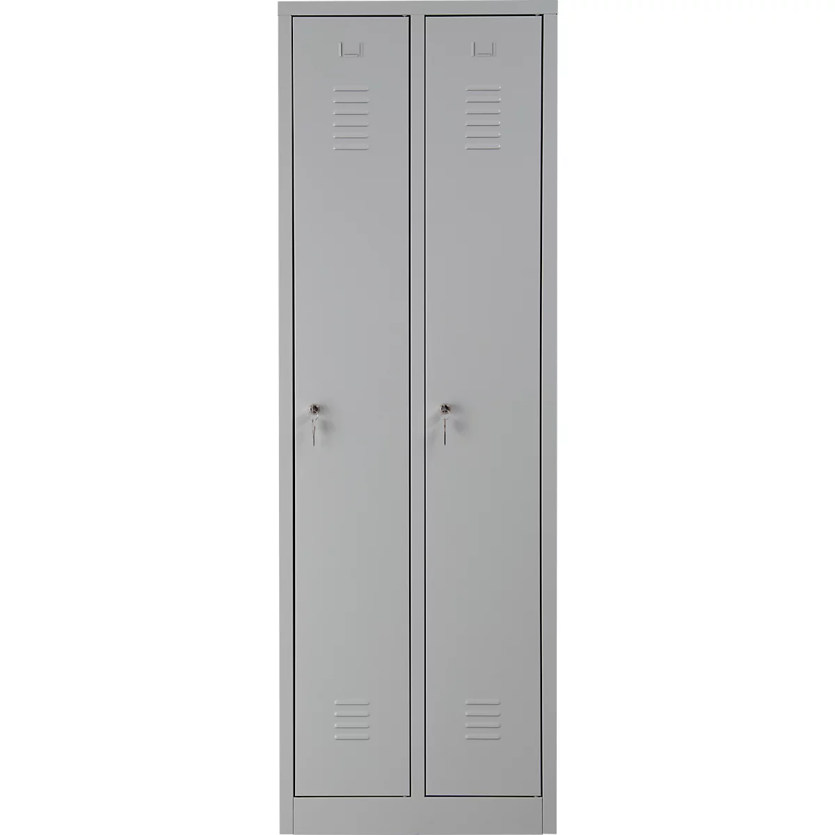 Grijze, dubbele stalen locker met twee deuren, ventilatieopeningen en sleutelgaten.