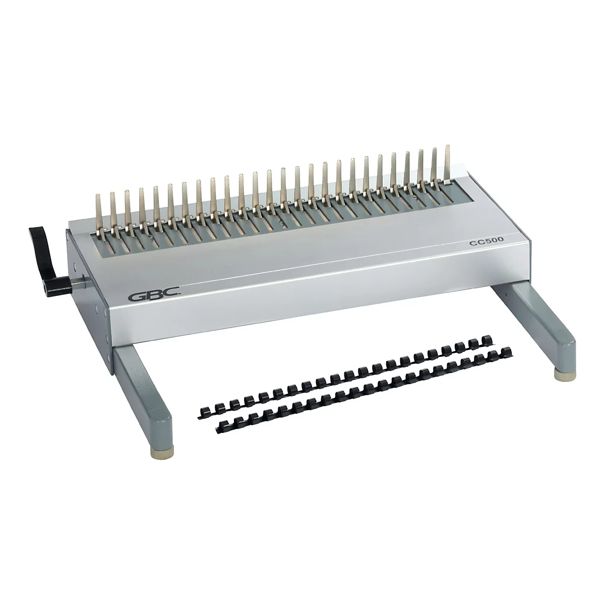 Zilveren bindmachine met zwarte elementen en bindstrips op witte achtergrond. De GBC-print is te zien.