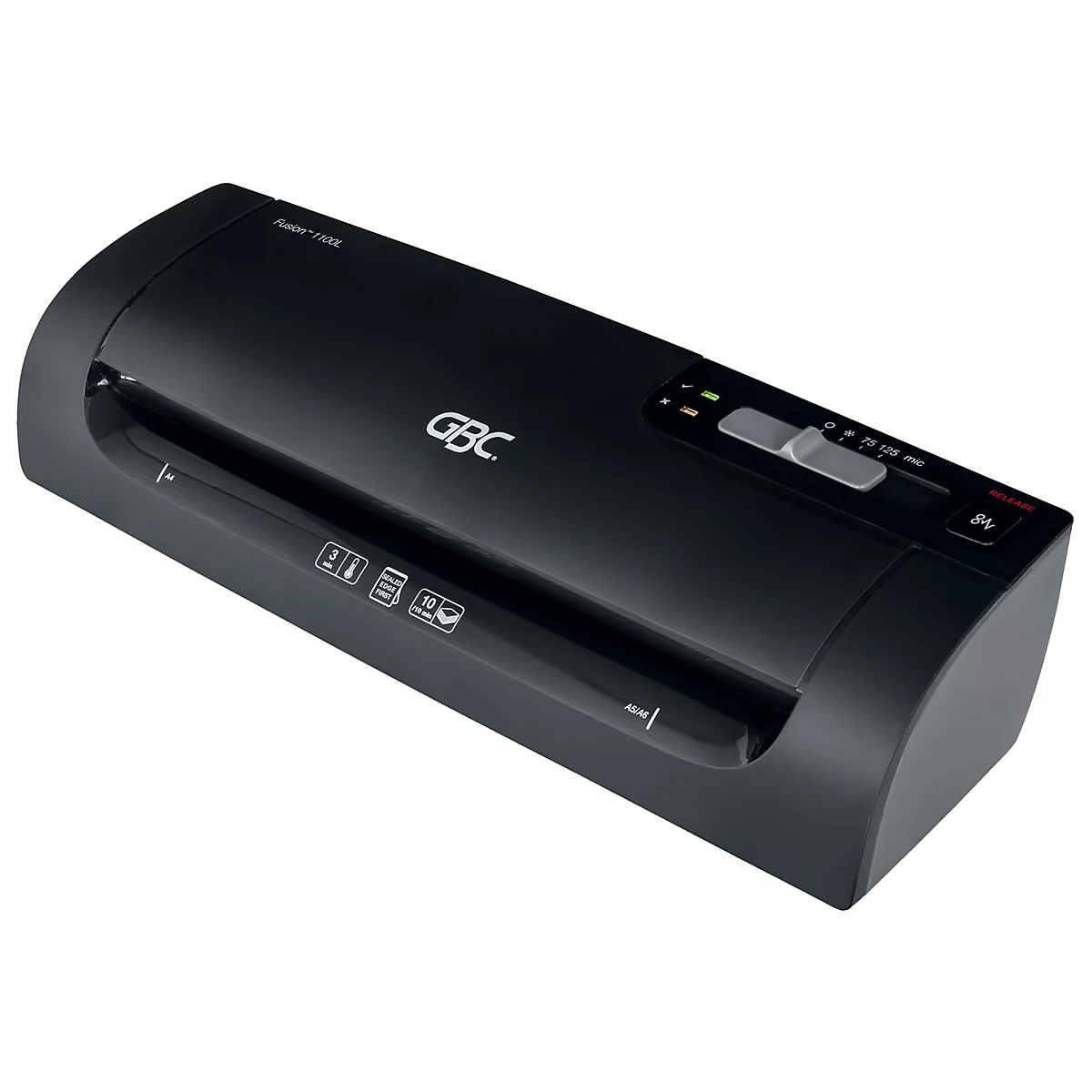 Schwarzes GBC-Laminiergerät. Oben rechts befinden sich ein Schalter und Kontrollleuchten. Das GBC-Logo ist deutlich sichtbar.