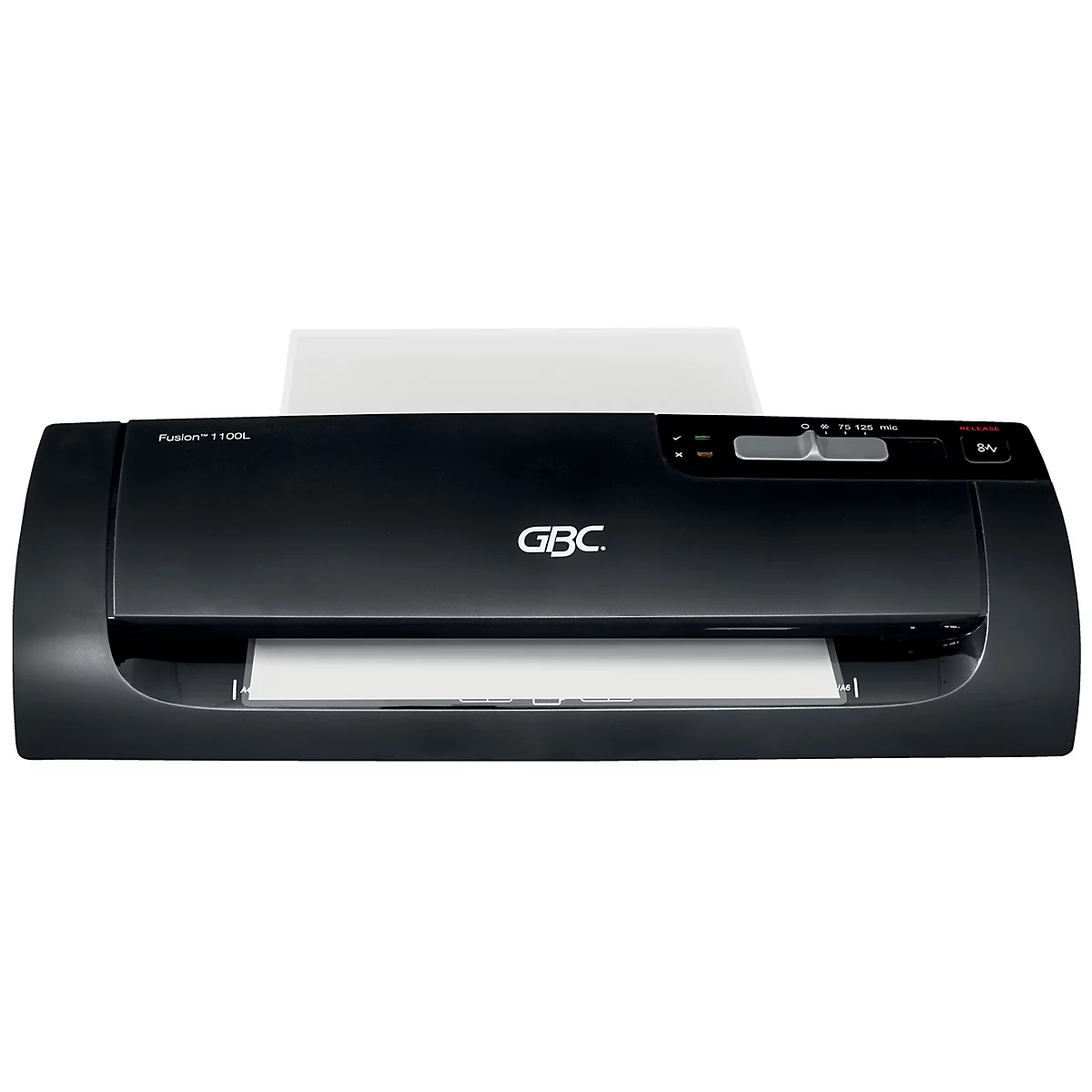 Schwarzes Laminiergerät mit weißem Papier, Marke GBC, Modell Fusion 1100L.