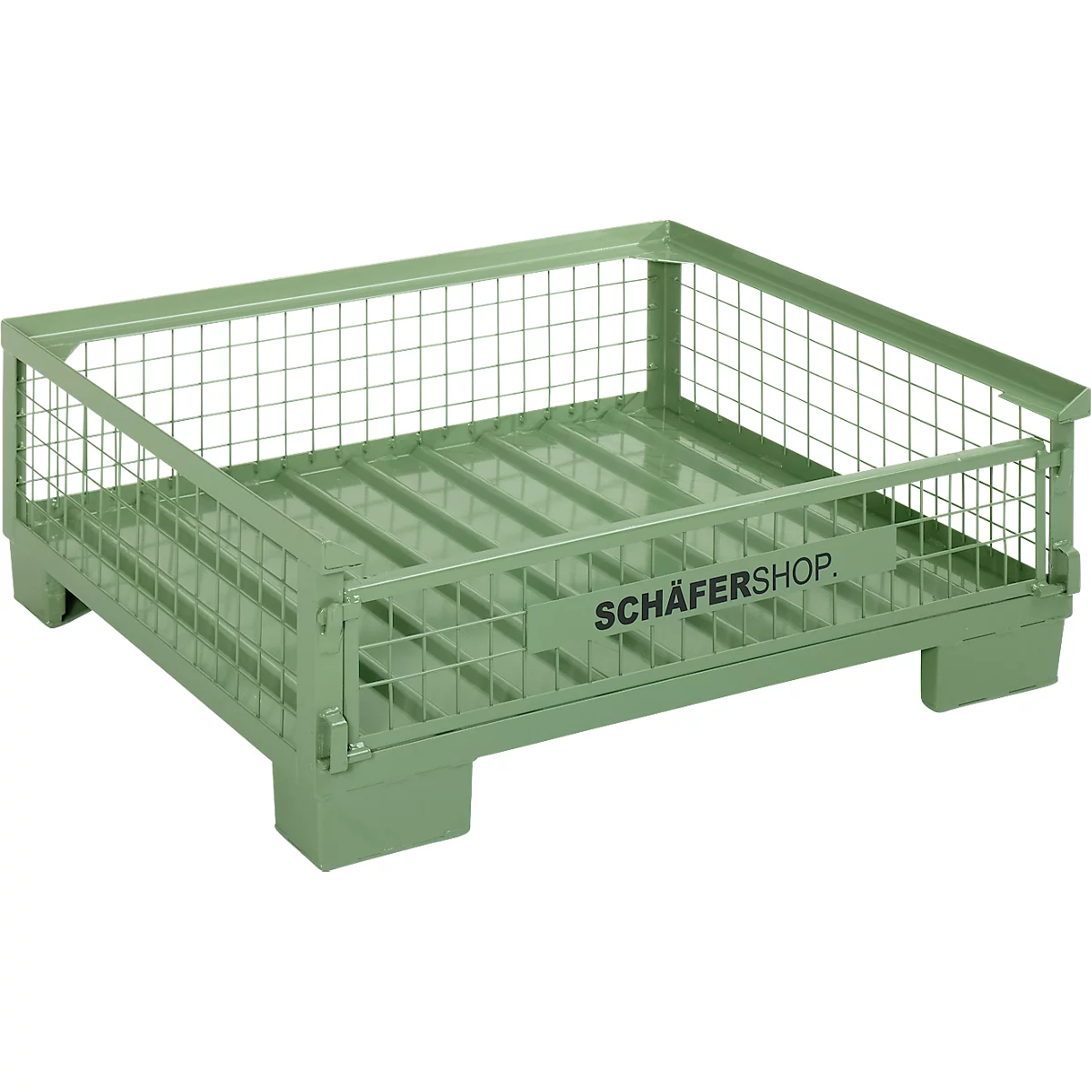 Grüne Gitterbox mit der Aufschrift SCHÄFERSHOP.