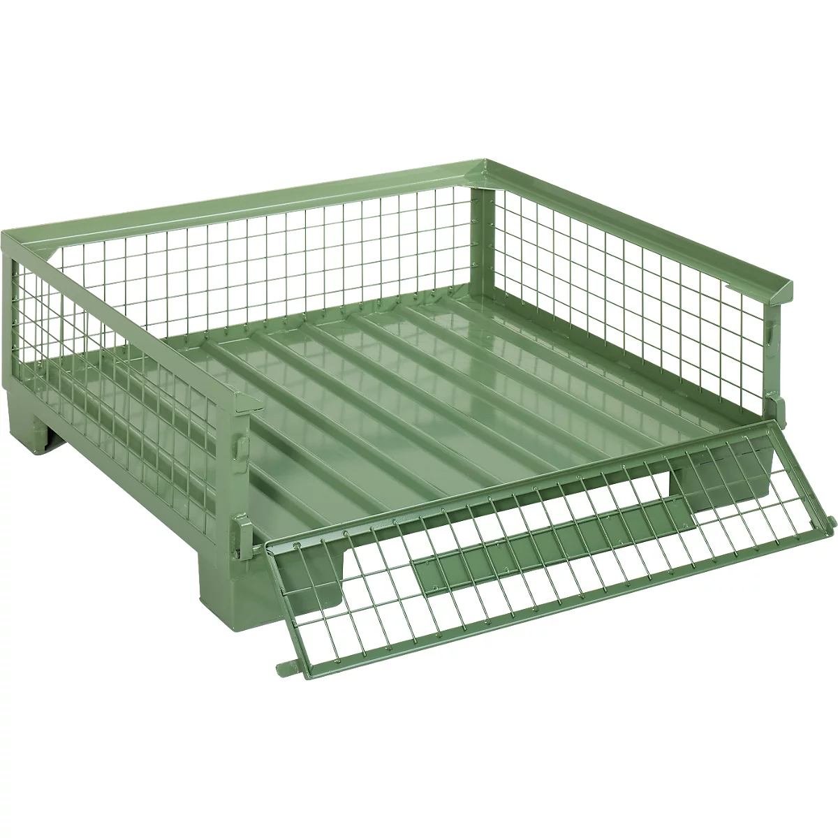 Grüne Metallgitterbox, teilweise geöffnet. Sie steht auf einer robusten Basis.