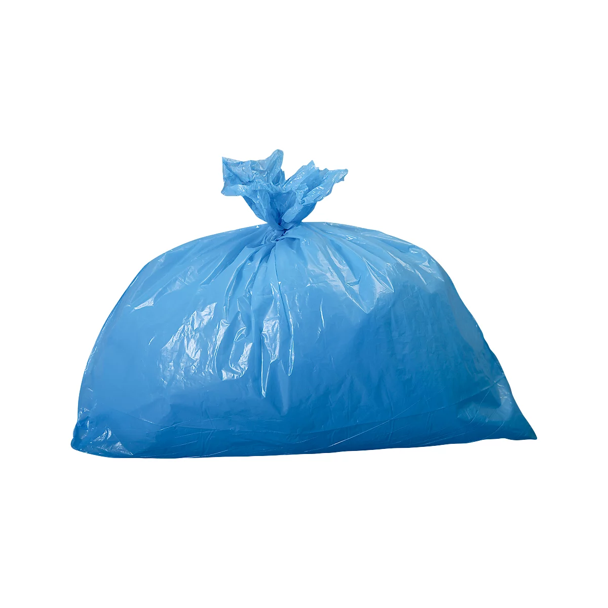 Blue trash bag, tied at the top.