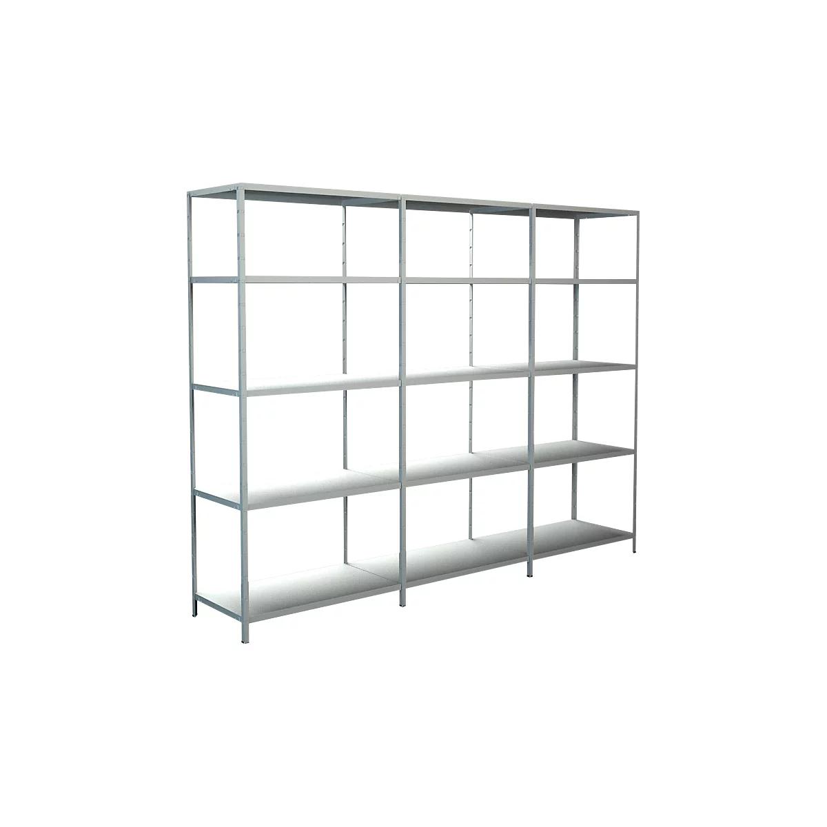 Een lege grijze plank met meerdere niveaus. De structuur bestaat uit metalen staven en platen.