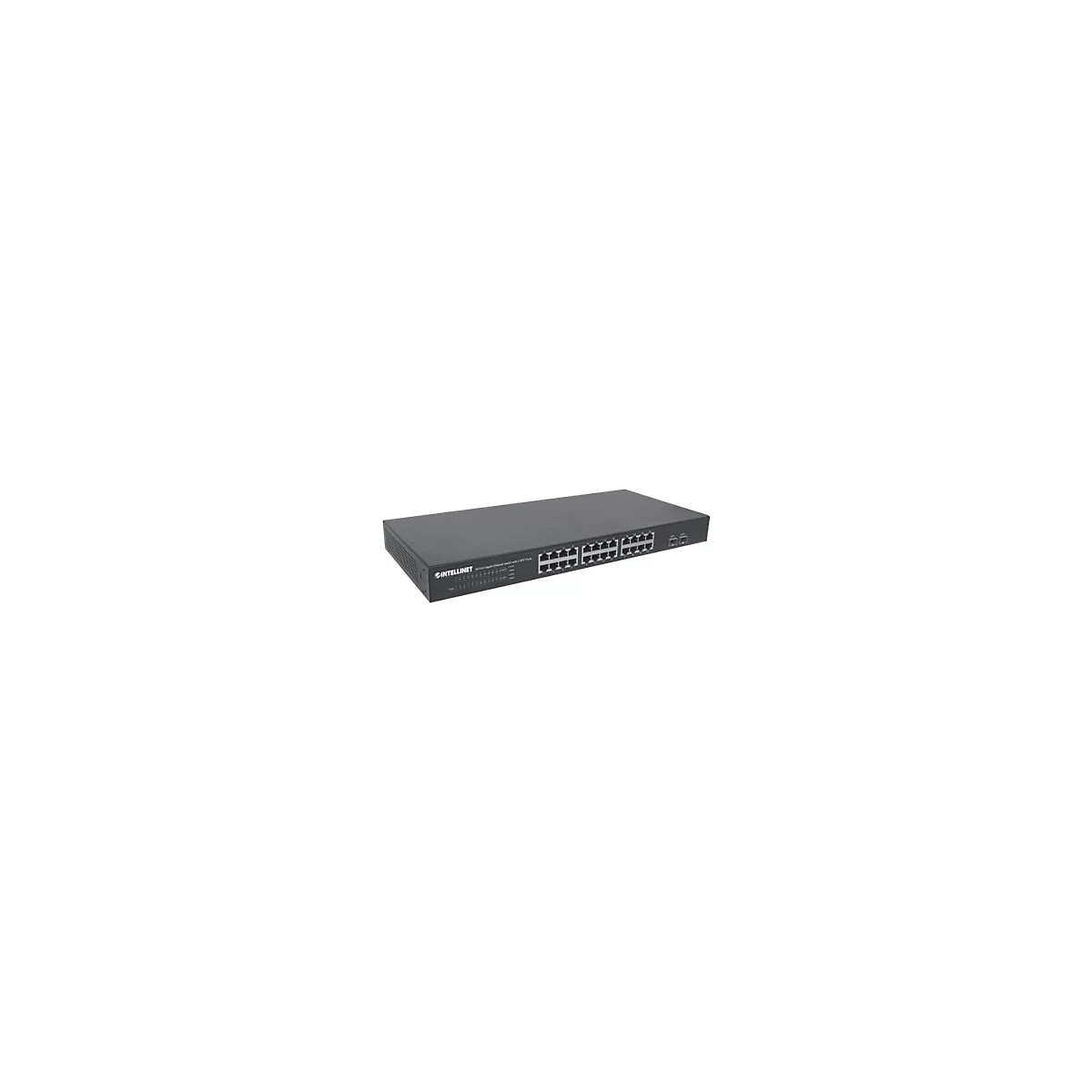 'Intellinet 24-Port Gigabit Ethernet Switch with 2 SFP Ports, 24 x 10/100/1000 Mbps RJ45 Ports + 2 x SFP, IEEE 802.3az (Energy Efficient Ethernet), 19'' Rackmount, Metal - Switch - 24 Anschlüsse - unmanaged - an Rack montierbar'