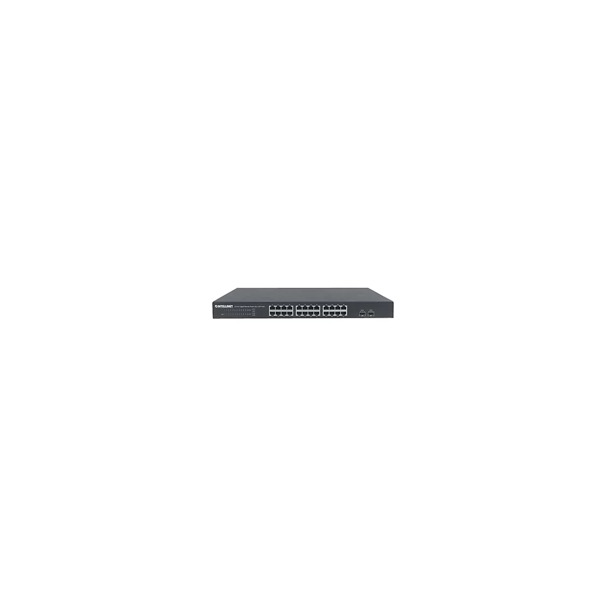'Intellinet 24-Port Gigabit Ethernet Switch with 2 SFP Ports, 24 x 10/100/1000 Mbps RJ45 Ports + 2 x SFP, IEEE 802.3az (Energy Efficient Ethernet), 19'' Rackmount, Metal - Switch - 24 Anschlüsse - unmanaged - an Rack montierbar'