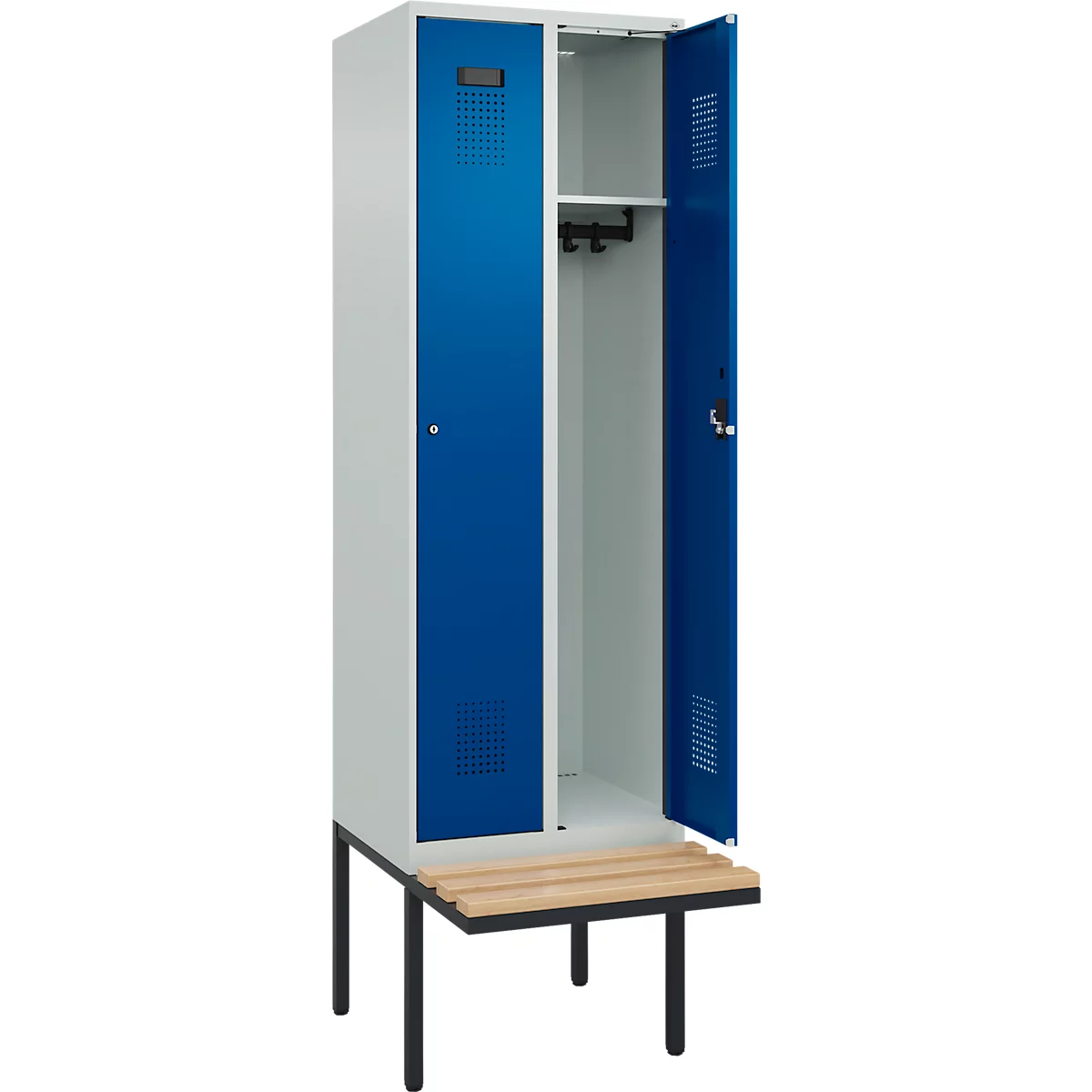  Kleiderspind C+P Evolo Plus, 2 Abteile à 300 mm Breite, schwebende Sitzbank, B 600 x T 815 x H 2120 mm, Zylinder, lichtgrau/enzianblau
