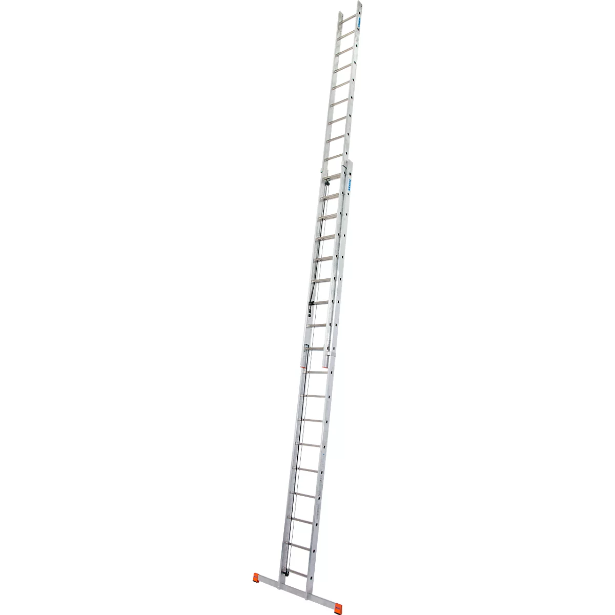 A tall, silver extension ladder with orange feet stands against a white background.