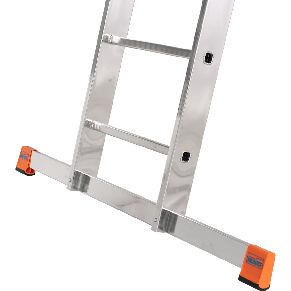Detail of a silver ladder with orange rubber feet and black plastic parts.