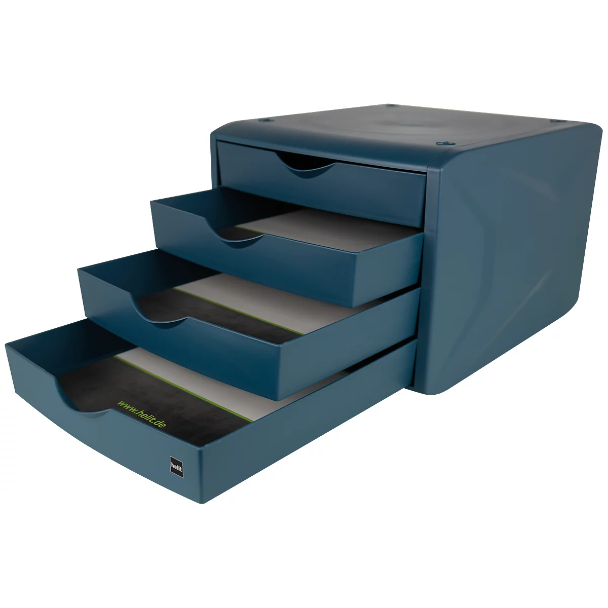 Blauw ladesysteem met drie open lades. Zwarte inzetstukken en belettering op de onderste lade.