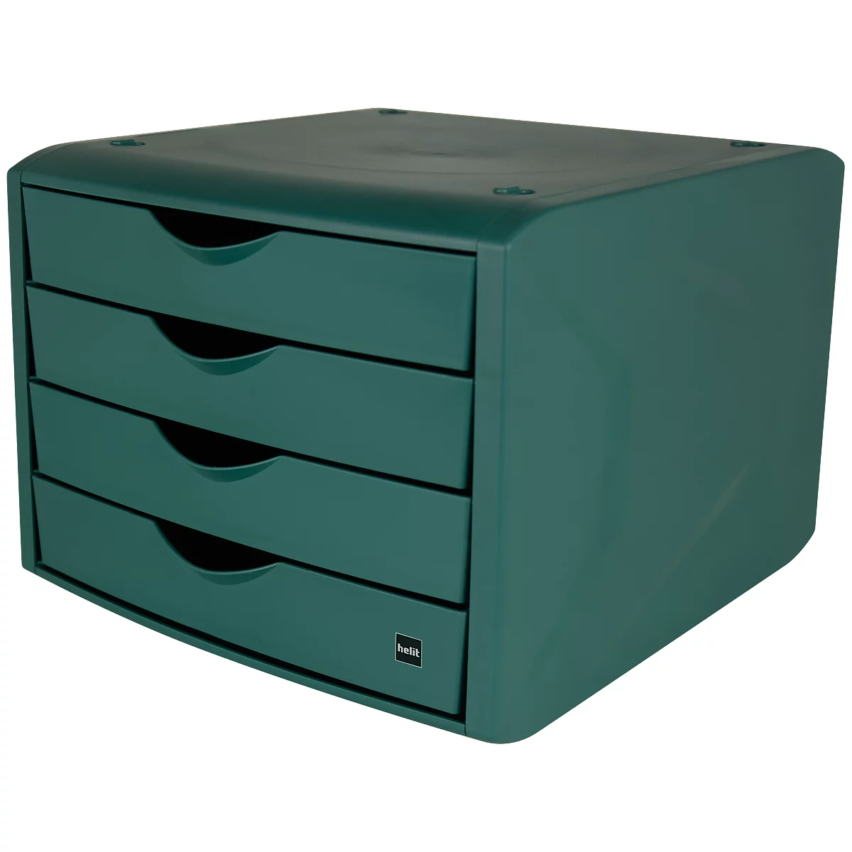 Groene bureau-organizer met vier lades. Een logo wordt rechtsonder weergegeven.