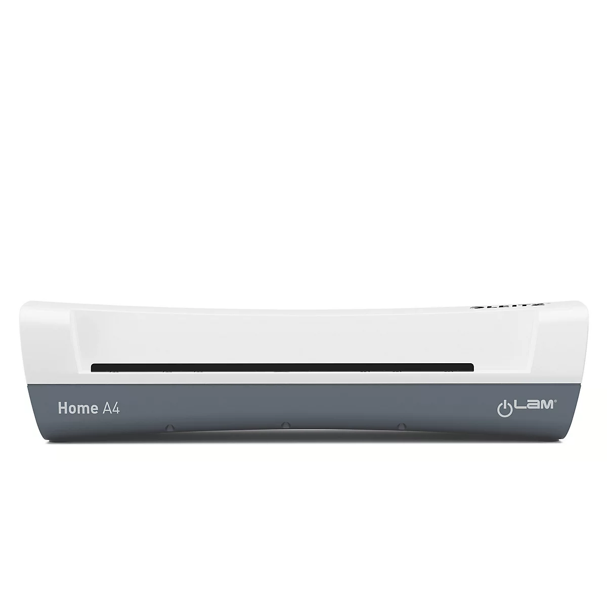 Grijze en witte lamineermachine met de inscriptie Home A4 en het LBM-logo.