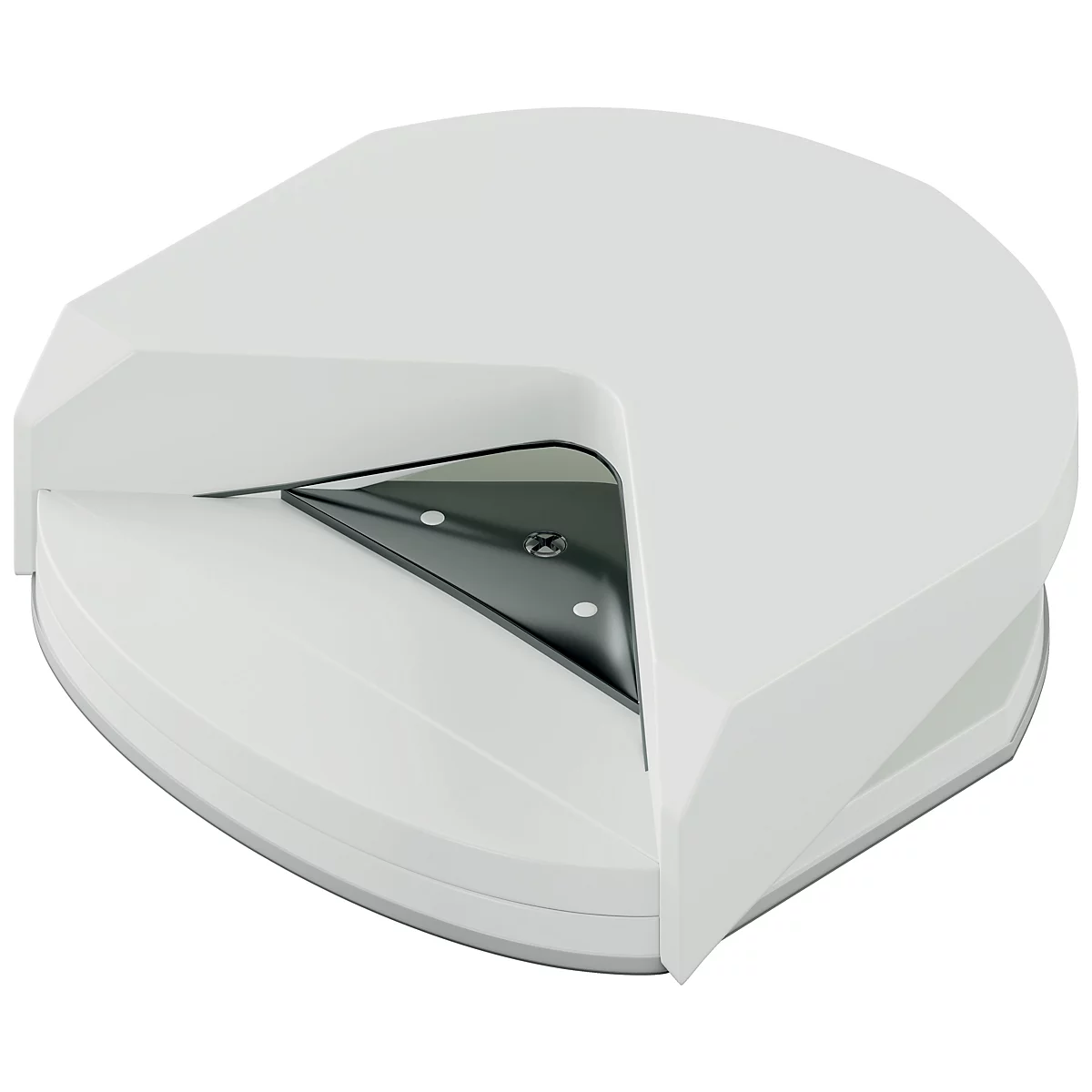 Weißes, rundes Gerät mit einer dreieckigen Öffnung und einer dunklen, metallischen Klinge.