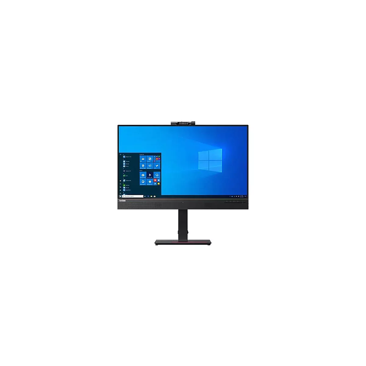 Ein schwarzer All-in-One-Computer mit Windows-Desktop, Kamera und Standfuß.